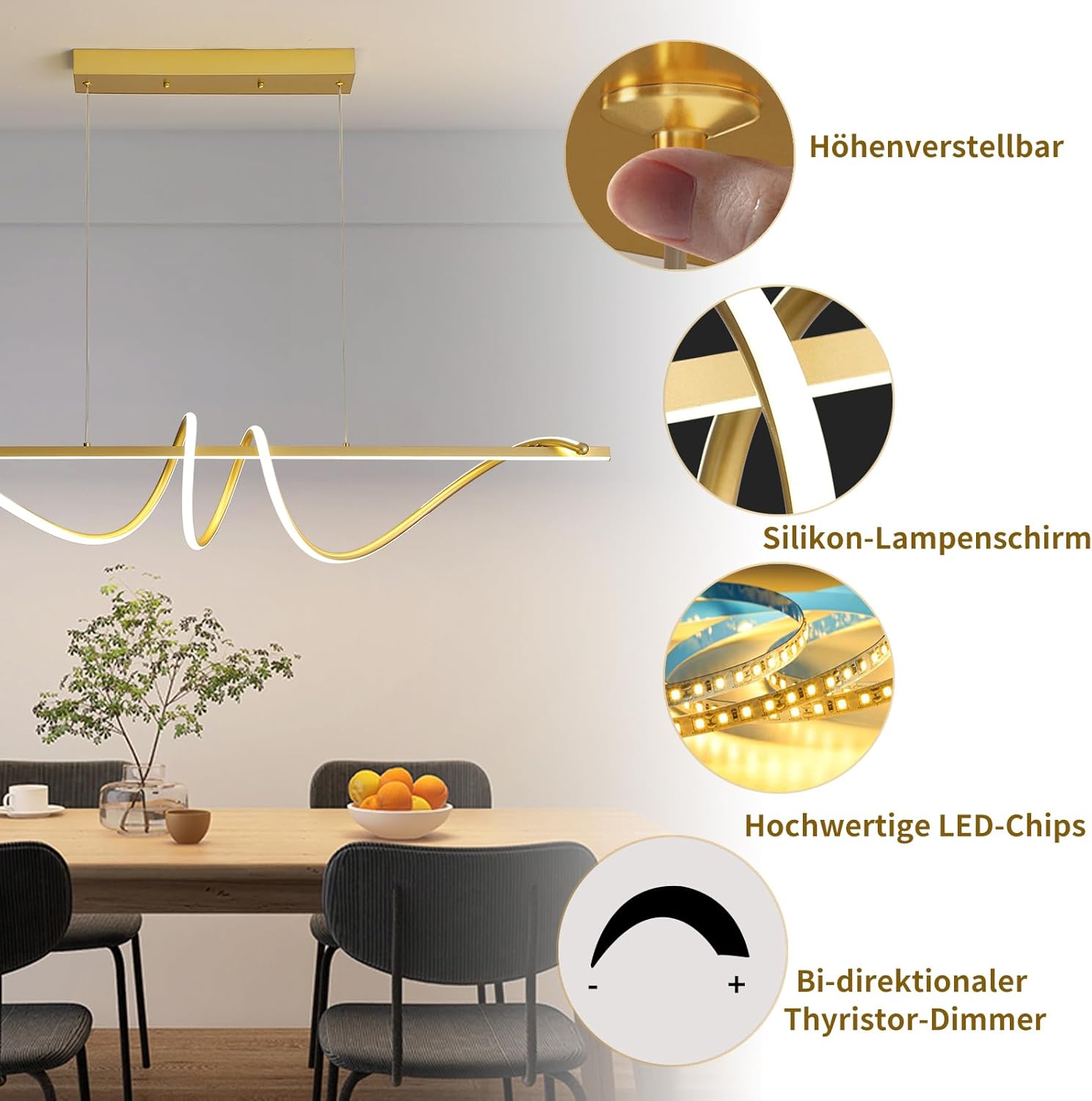 Mikeru Hängeleuchte Wohnzimmer 100cm, Golden Spiral Pendelleuchten LED Pendelleuchte mit Memory-Funktion 10%-100% Dimmbar 3000K Warmweißes/4500K Neutrales/6500K Kaltweißes für das Esszimmer
