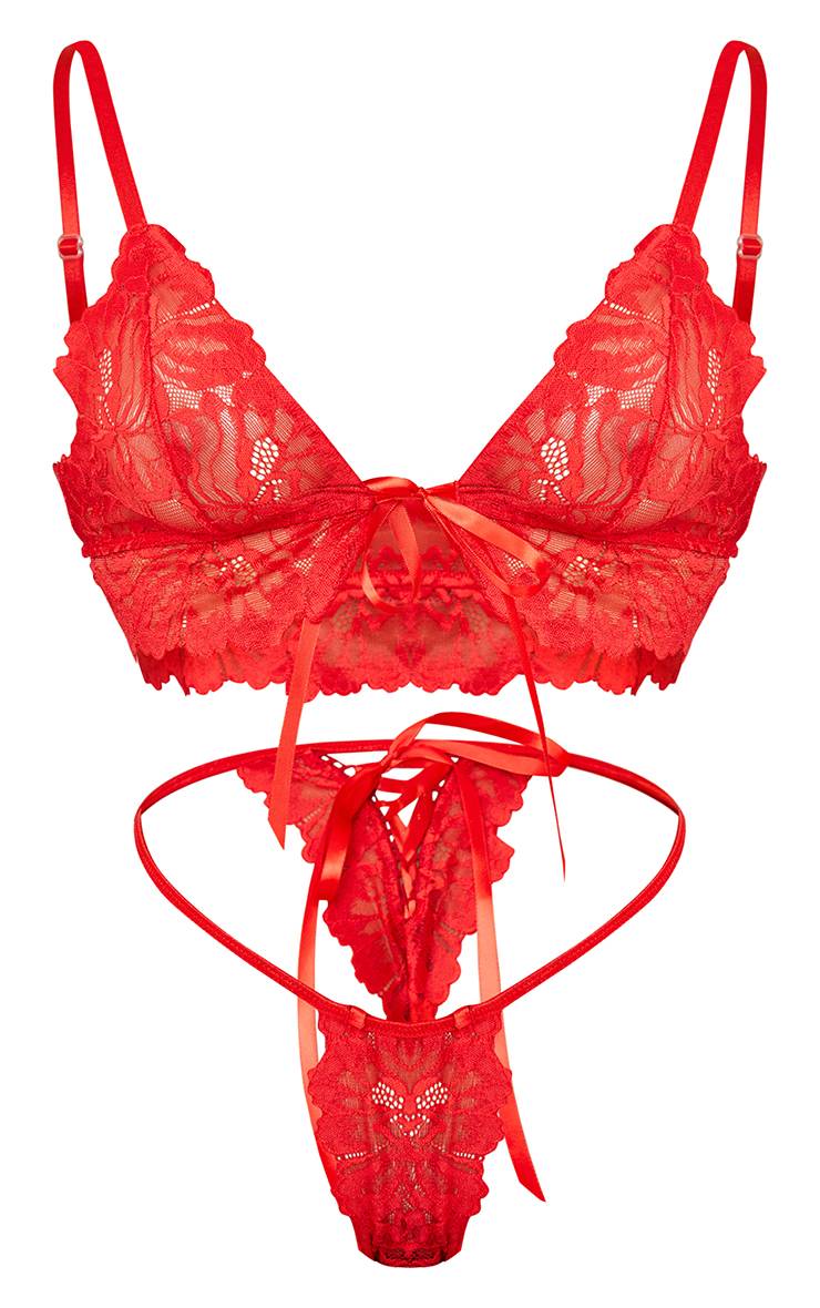 Rouge Ensemble De Lingerie En Dentelle Triangle À Lacets