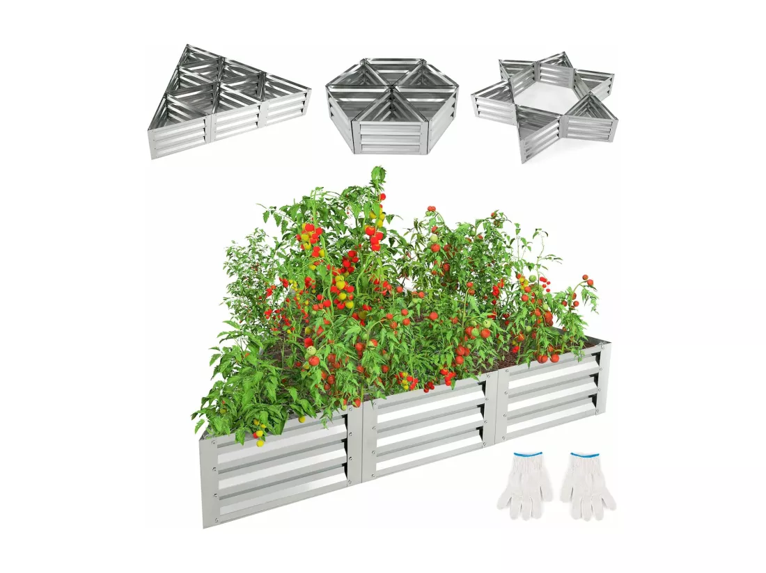 Jardinière Surélevée Triangulaire Galvanisée avec 6 Espaces 150x150x30 cm, Grand Lit de Jardin Résistant aux Intempéries pour Culture Fruits Légumes, pour Patio Balcon