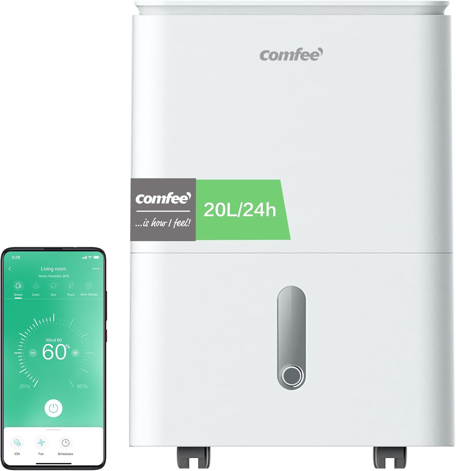 COMFEE' Luftentfeuchter Easy Dry 20L/Tag, 4 Modi, Luftbefeuchter angeschlossen, 3 l Tank, Wäschetrockner, Swing-Funktion, für Räume von 40㎡/100 m³, Weiß