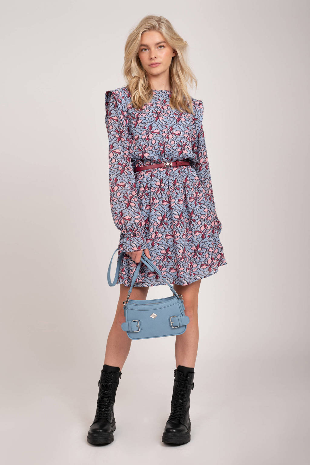 NIK&NIK jurk Safi met all over print zachtblauw/roze/donkerrood