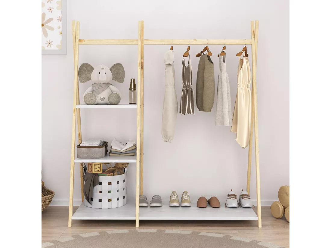 Penderie enfant LOTTE avec 3 étagères Montessori en bois massif coloris naturel et blanc 108x115x47 cm, idéale pour garde-robe