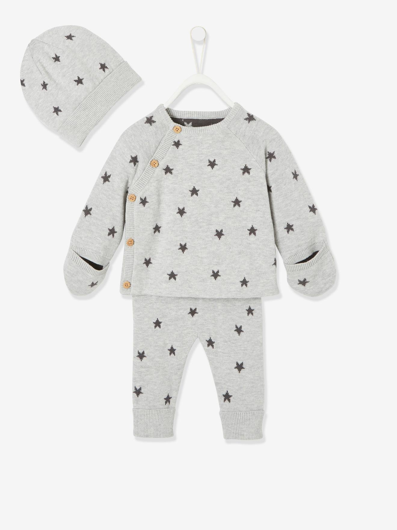 Conjunto de bebê de 3 peças: suéter + calça + gorro + luvas, estampa cinza médio