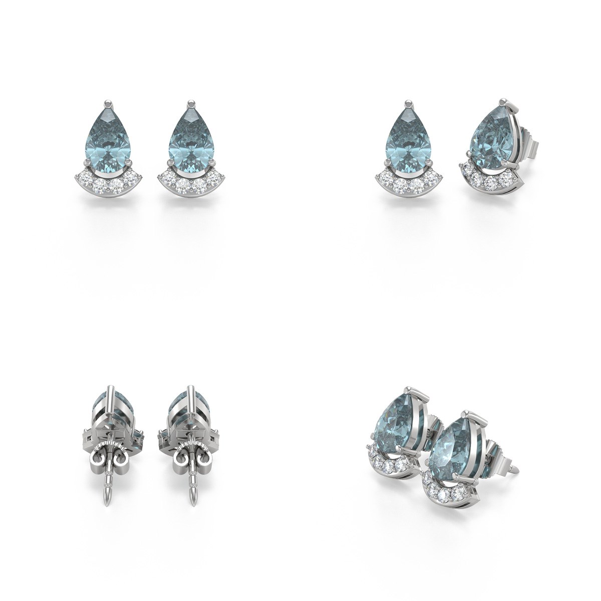 Boucles d'oreilles ADEN Or 585 Blanc Aigue-Marine forme Poire et Diamants 1.4grs