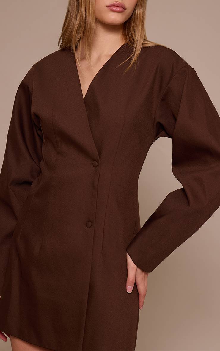 Deep Chocolate Robe Blazer Tissée À Manches Ballon