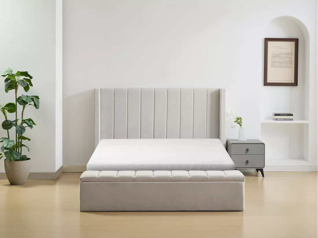 Lit coffre 180 x 200 cm avec banc - Tissu - Beige + Matelas - DOUINO