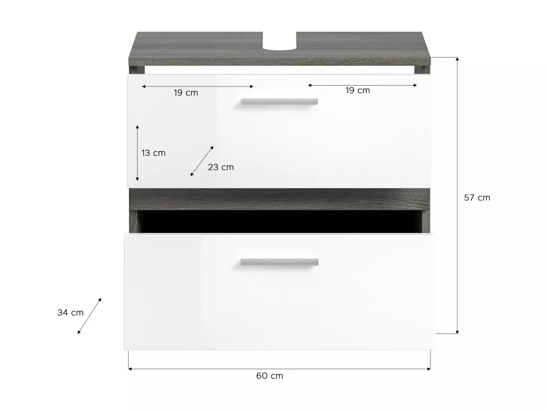 Kaleb - Meuble sous-lavabo en mélaminé blanc et argenté (L/H/P : 60x57x34 cm)