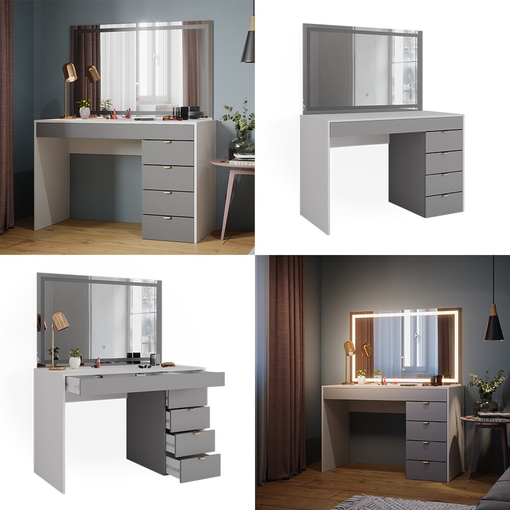 Vicco Schminktisch Elise Weiß Grau 115 x 76 cm modern Frisiertisch Schubladen LED-Spiegel