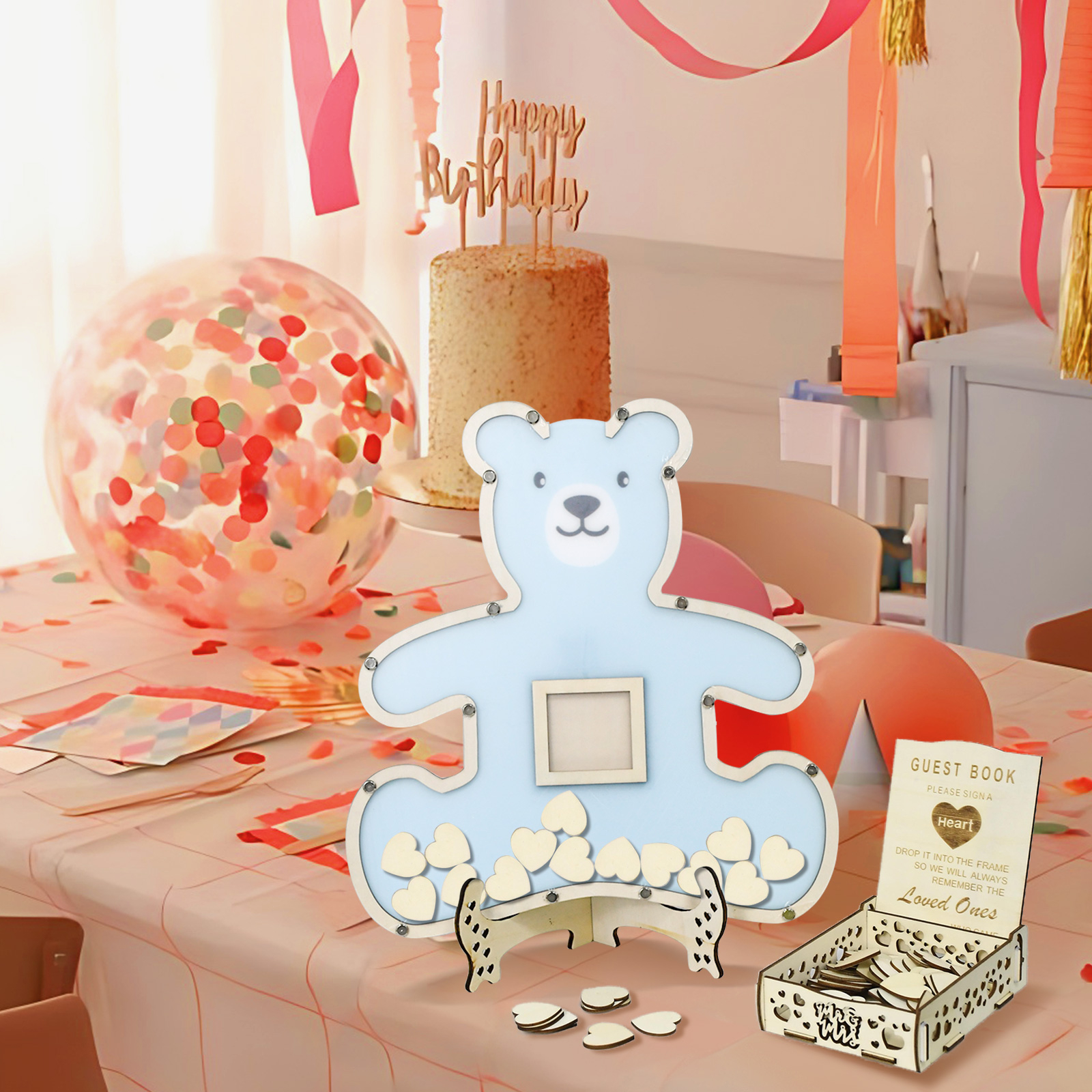 (37x35cm) Echtholz Teddy Bär Baby Shower Gästebuch Aufstellbares Party Gender Reveal Guest Book für 80 Gäste - Blau
