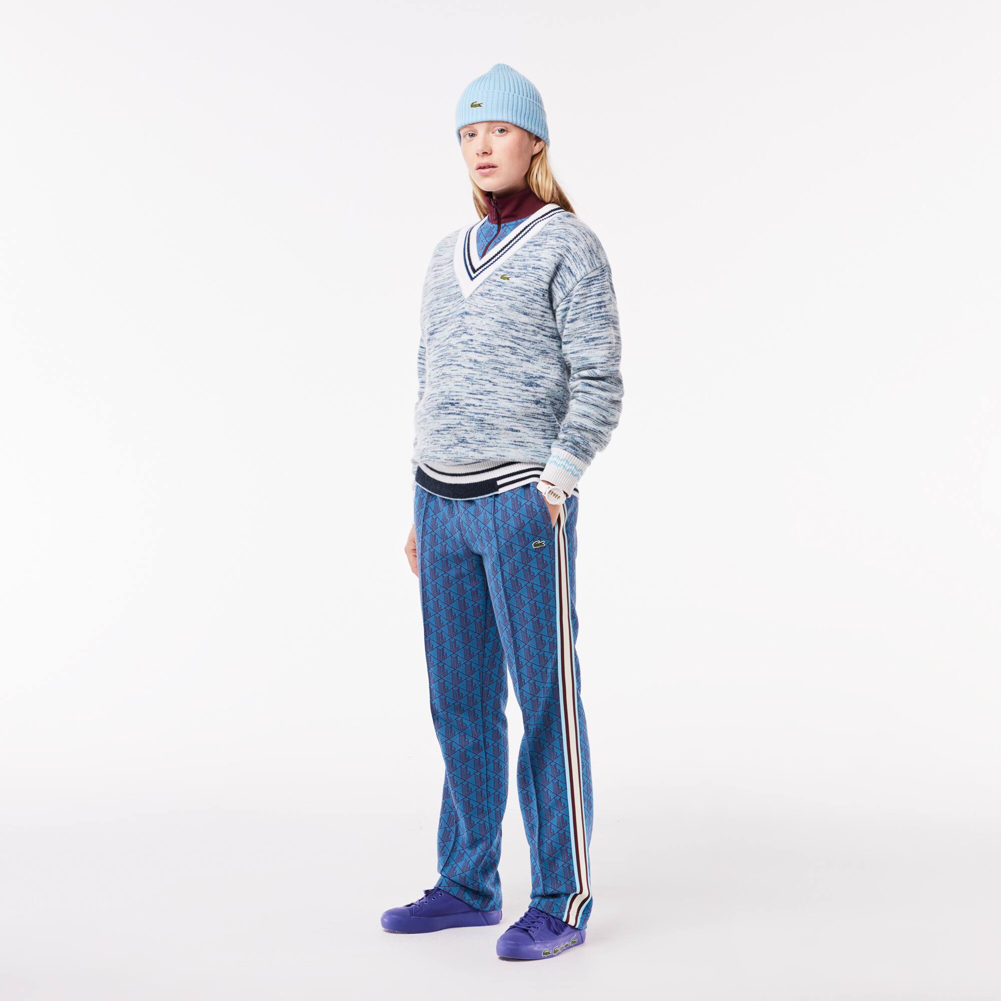 Alpaka-Pullover mit V-Ausschnitt und Kontraststreifen Pullover - Weiss - Lacoste - Damen