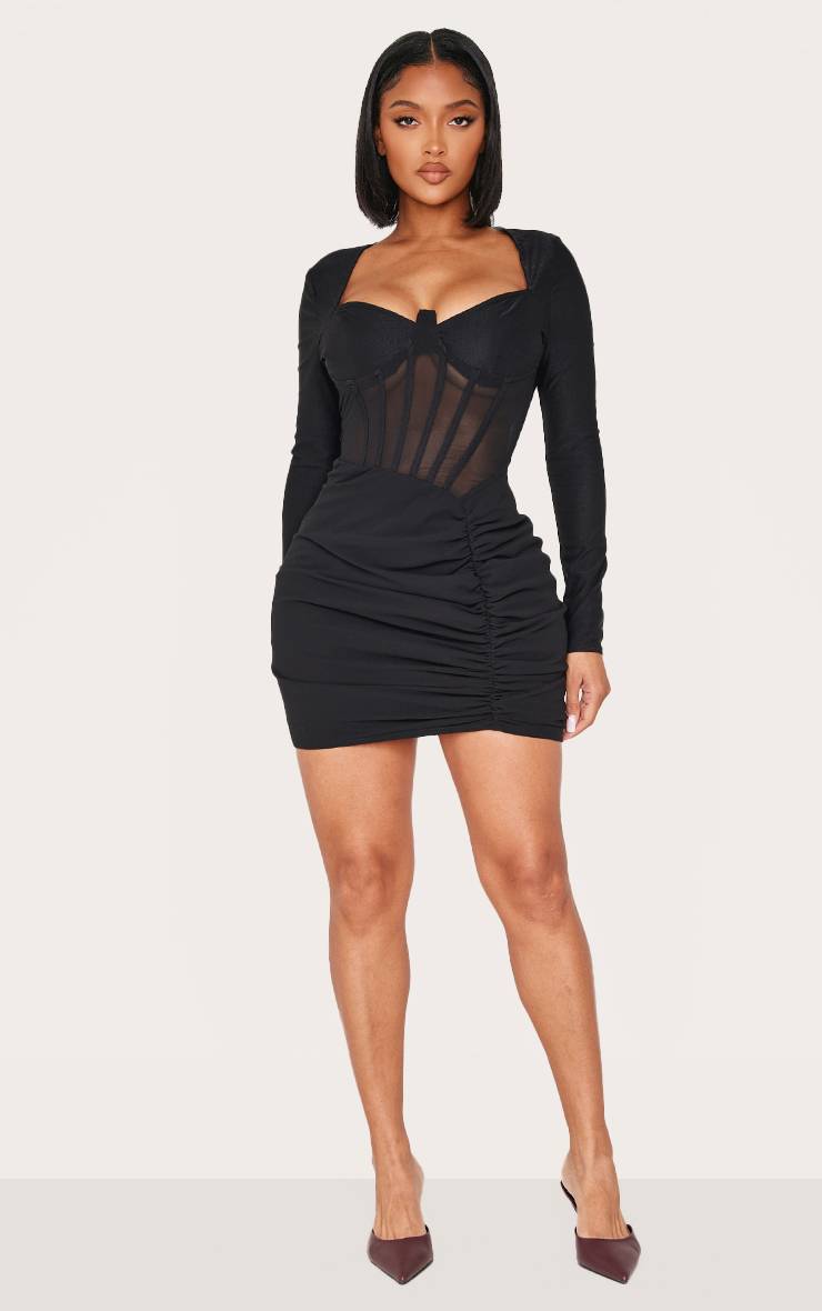 Noir Robe Mini Moulante À Empiècements Mesh Et Côtés Froncés Effet Corset