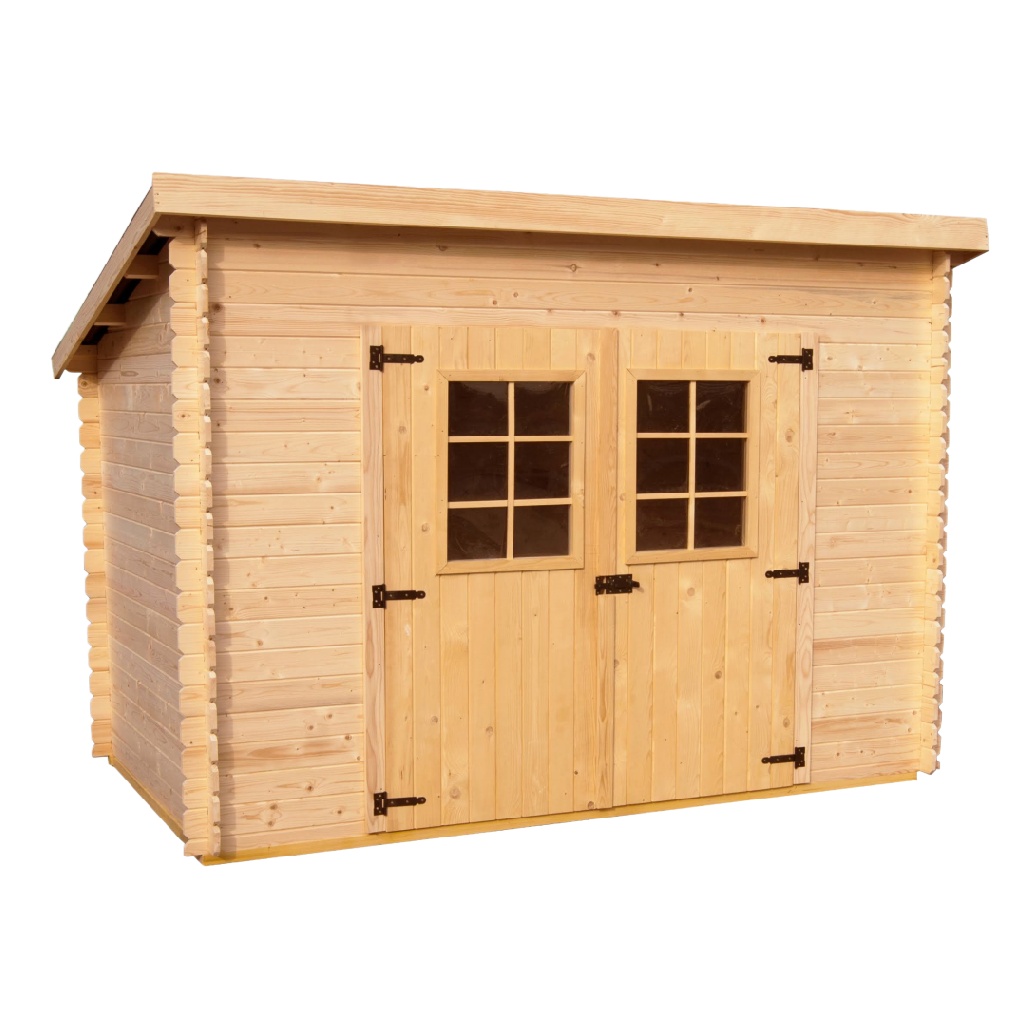 Abri de jardin en bois 3,0 × 2,5 m avec toit plat et double porte vitrée – cabane de rangement extérieur en épicéa massif