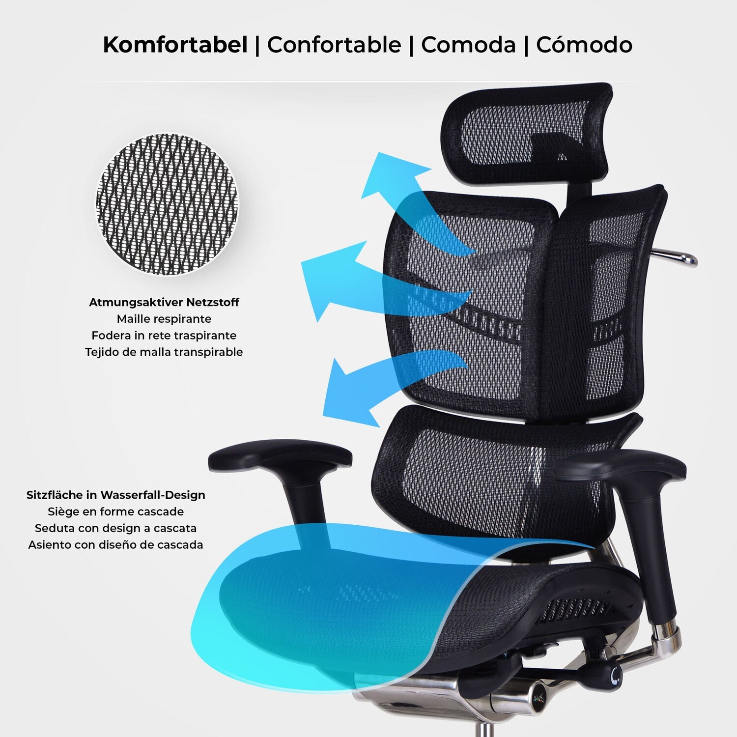 TPFLiving Bürostuhl Norman Ergonomic mit Netzbezug Grau