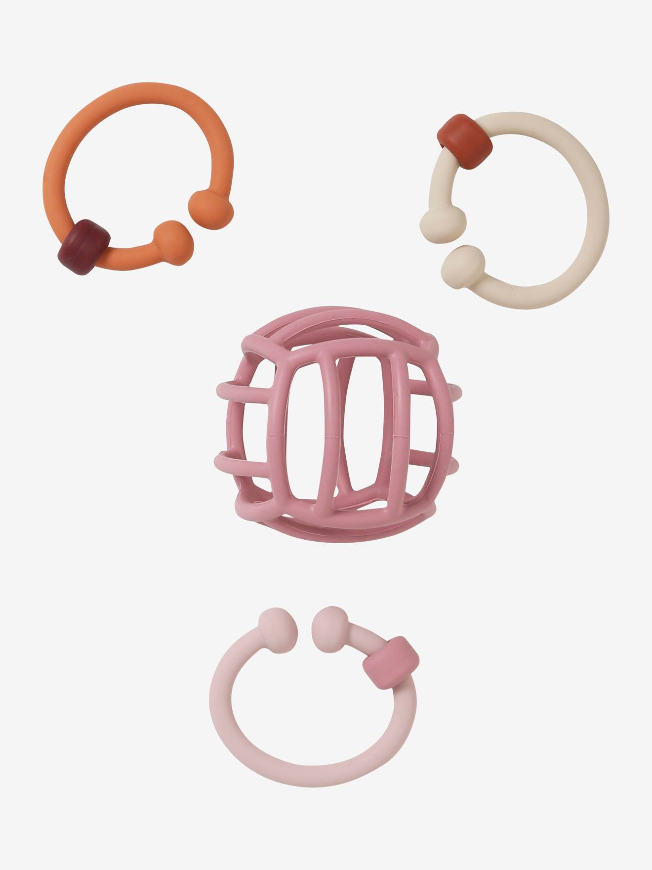 Bolas e anéis de dentição de silicone rosa claro liso