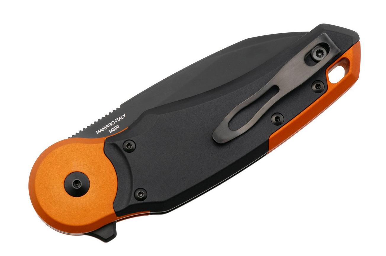 Fox Metamorphosis FX-556-B6, M390 PVD Wharncliffe, Black Aluminium, Orange Aluminium Bolster, zakmes