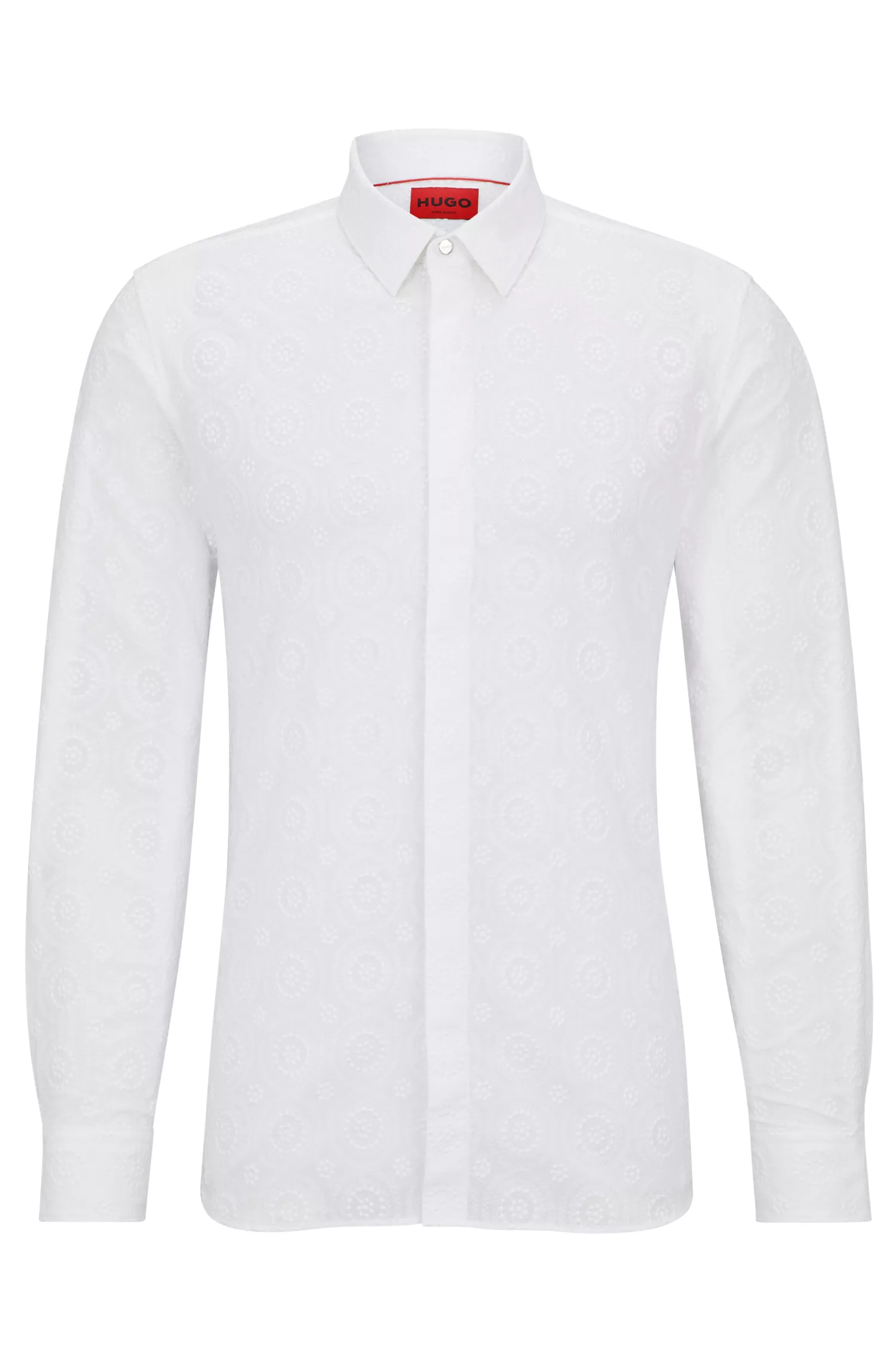 Camisa HUGO vermelha, extra slim fit, em algodão bordado com efeito de renda.