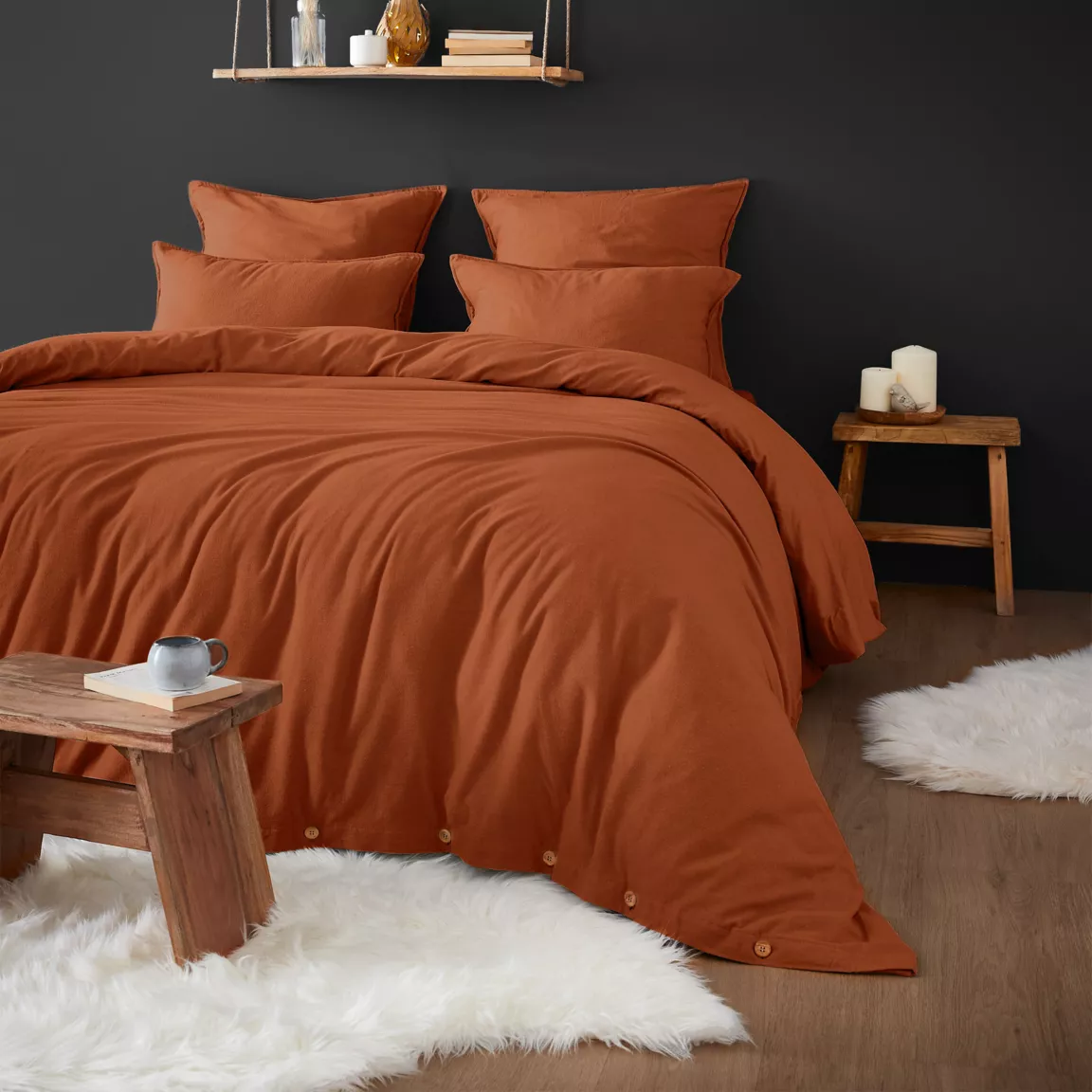 Housse de couette flanelle de coton (260 x 240 cm) Théa Terracotta