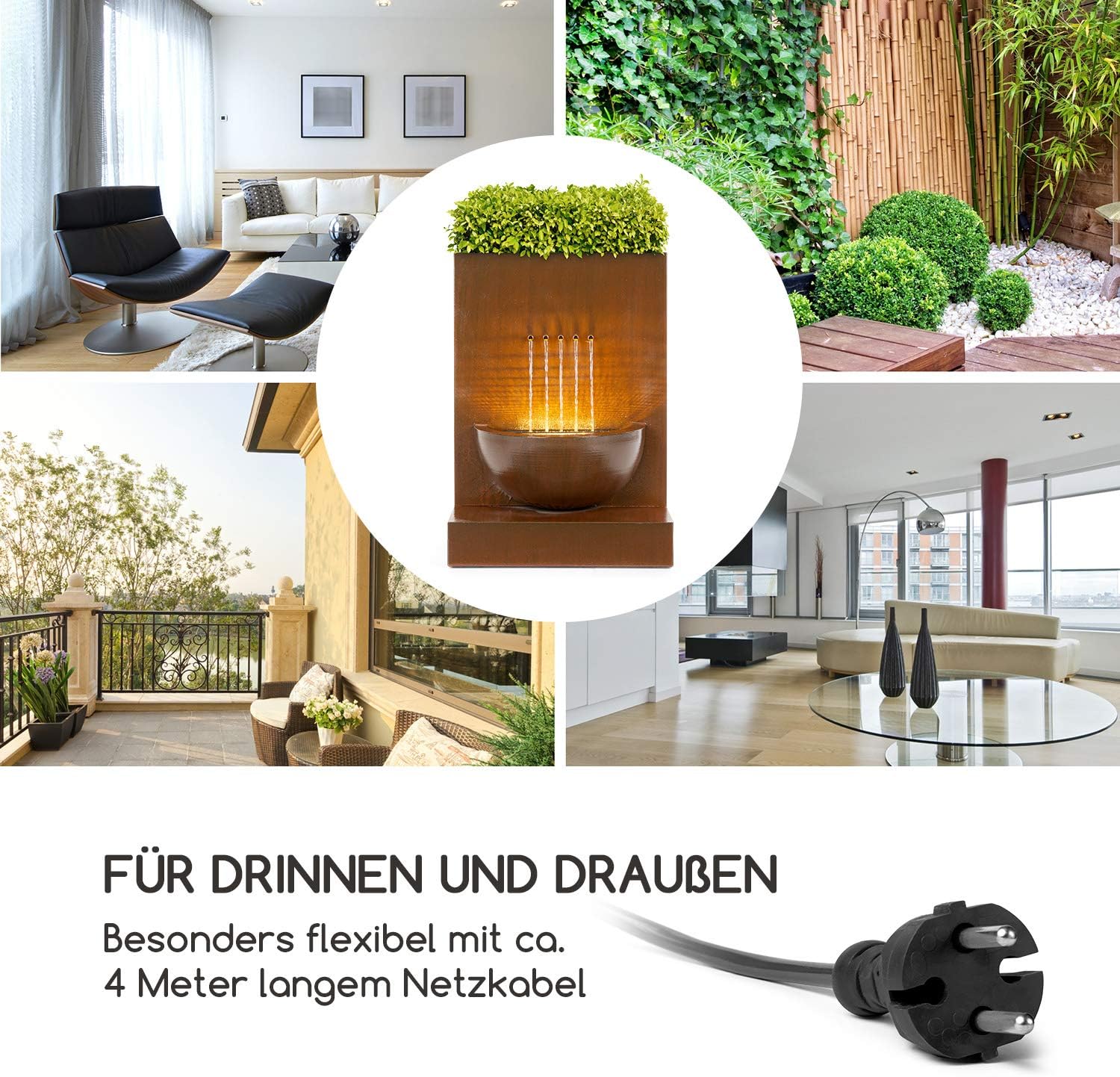 blumfeldt Windflower Gartenbrunnen, Leistung: 11 Watt, inklusive Pflanzschale, für drinnen und draußen, Durchflussmenge: 750 l/h, LED-Lichtleiste, Material: verzinktes Metall, braun