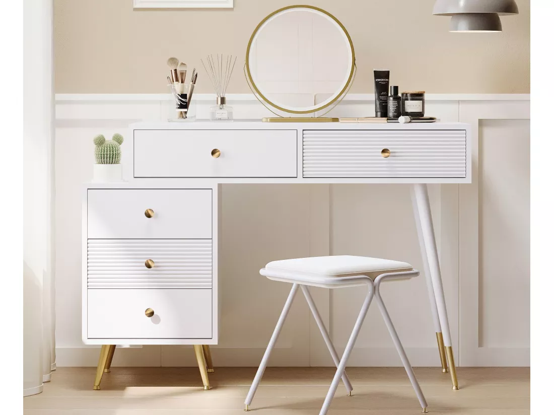 Coiffeuse avec miroir et éclairage LED - 2 tiroirs et une armoire amovible - Blanc (tabouret non inclus)