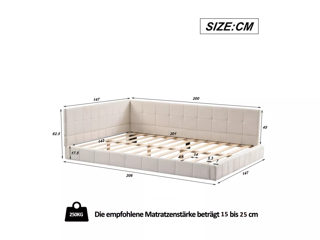 Lit gigogne capitonné 140x200cm, canapé-lit, sommier à lattes, lit adulte, velours, Beige