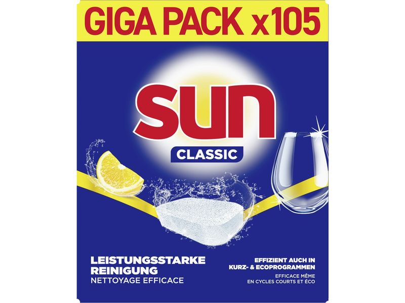 SUN Maschinenspülmittel 1in1 Tabs Lemon 105 Stück Praktische Reinigungstabs für die Geschirrspülmaschine