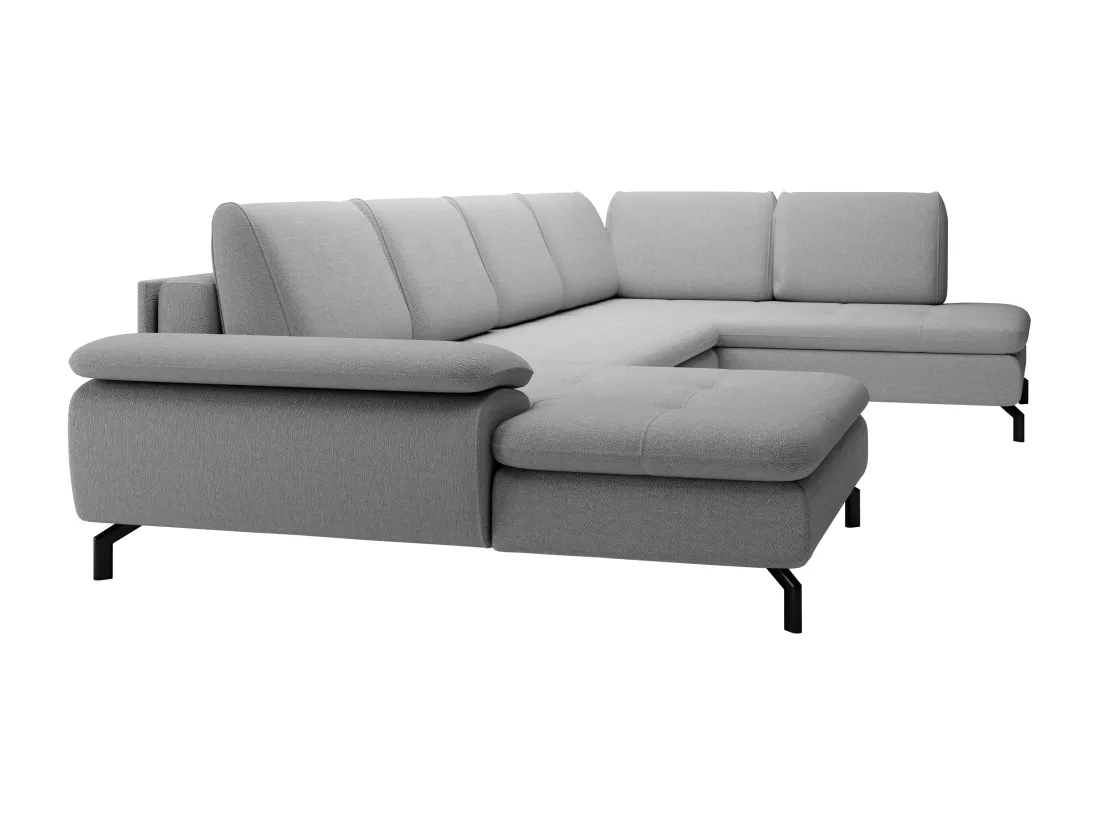 Grand canapé d'angle droit panoramique convertible en tissu texturé gris ARCHIBALD