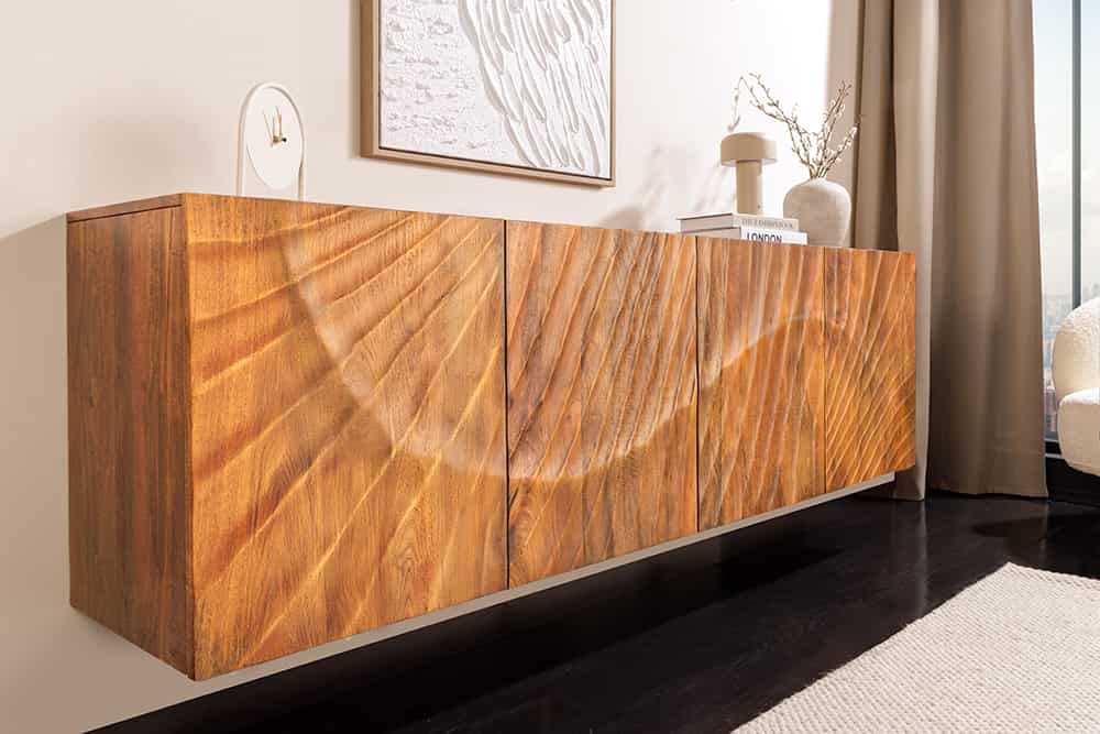 Massives Sideboard SCORPION 180cm braun hängend Mangoholz mit 3D Schnitzereien