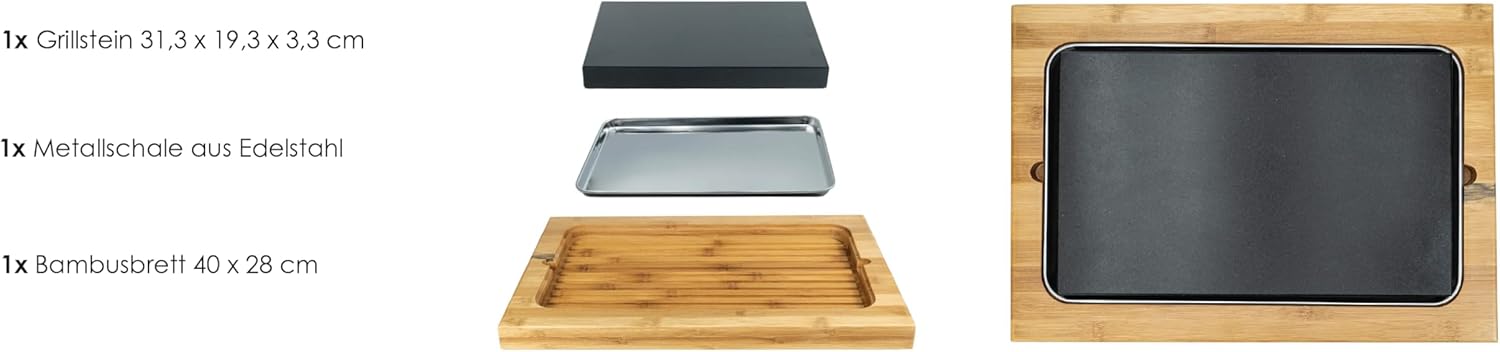 Heißer Stein Lavastein Steak-Brett extra groß Hot Stone Steingrill Set aus Bambusbrett Lavastone und Porzellan-Platte, Fleisch, Fisch grillen auf heißem Stein (XXL)