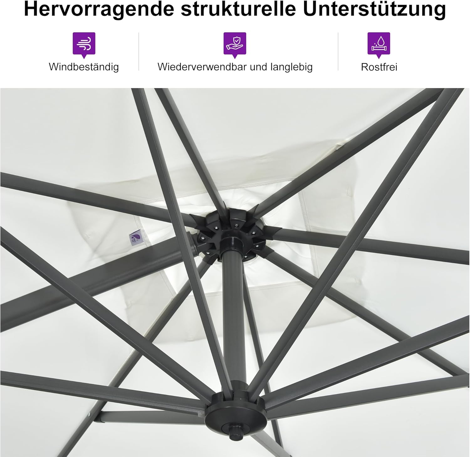 PURPLE LEAF Sonnenschirm 270 x 350 cm, Ampelschirm Groß, Rechteckig Gartenschirm mit Kurbel, Gestell Aluminium, UV-beständig, 360° Rotation, Weiß