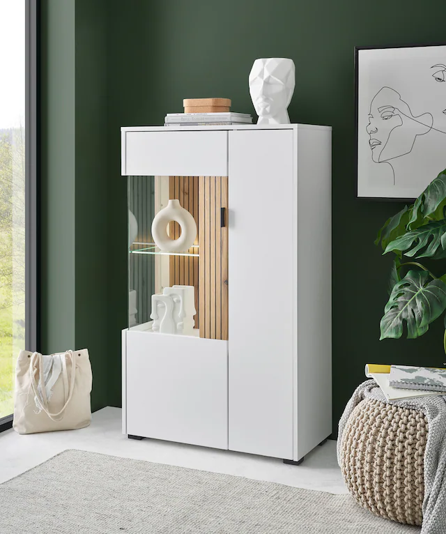 INOSIGN Vitrine »Hudson, Stauraumvitrine« in moderner Trendfarbe, Griffe aus Metall (Schwarz), Höhe 125 cm