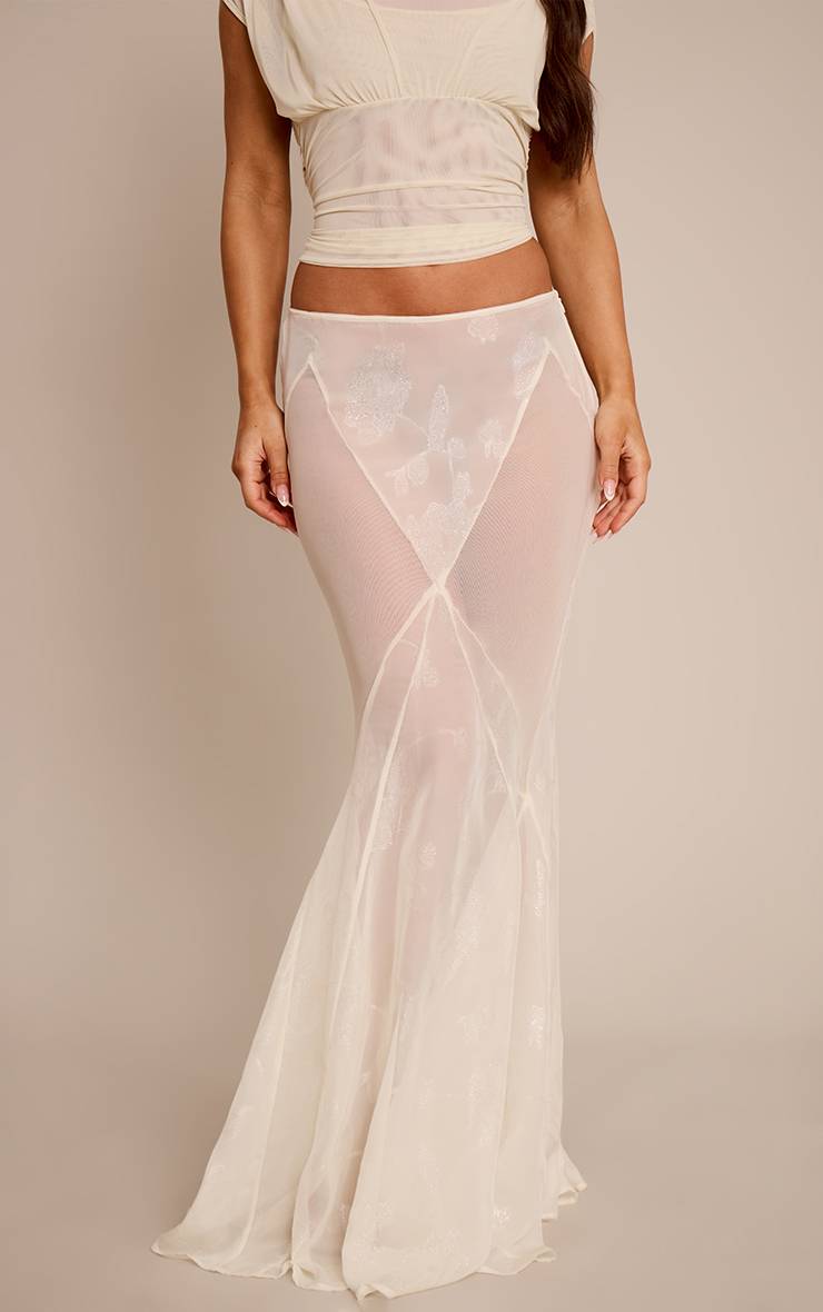 Crème Jupe Longue Évasée En Voile Brodé