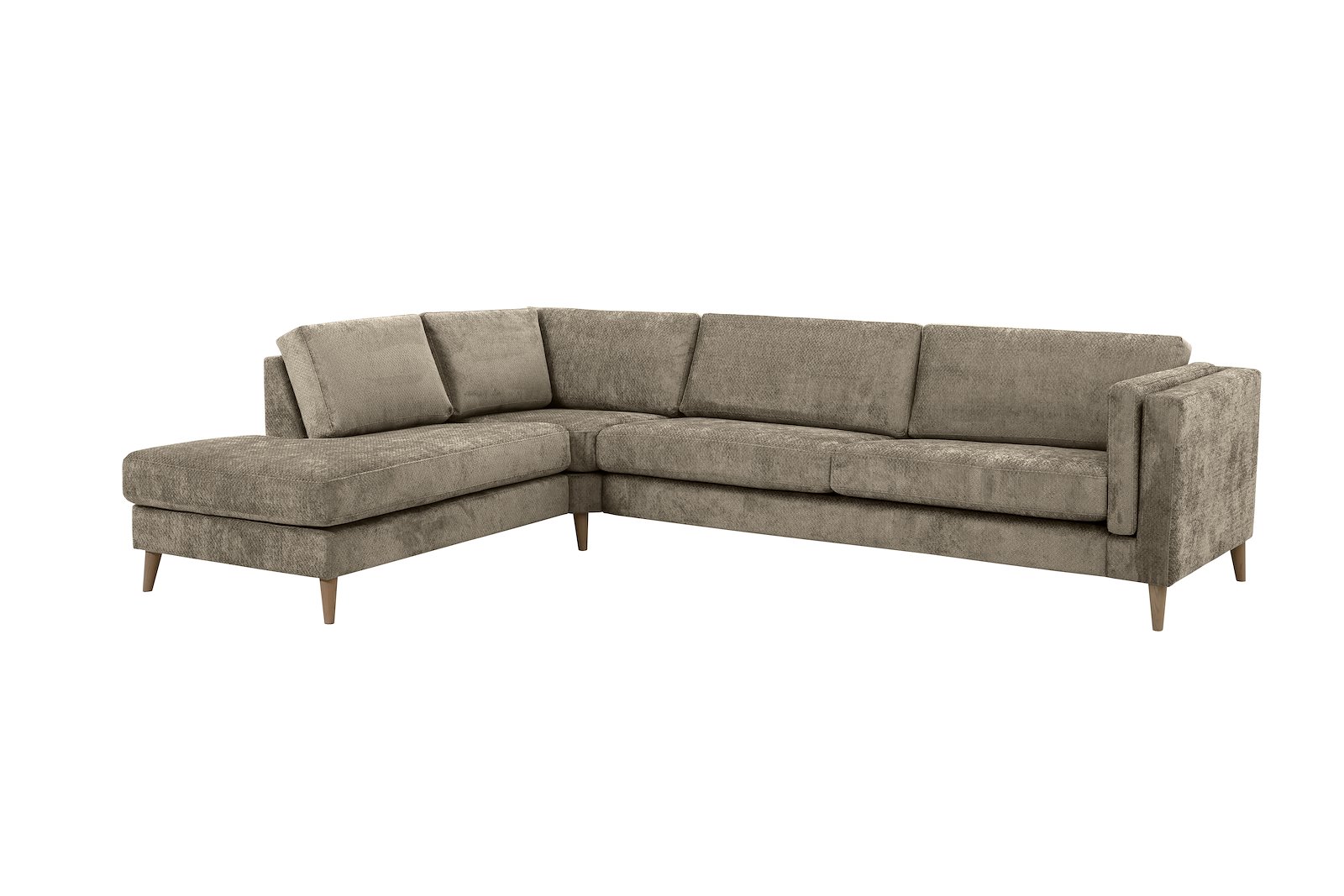 Edda hjørnesofa 3 seter med åpen ende venstre. Tekstil Movie 13/1 Light Khaki, ben 8, armlen G.