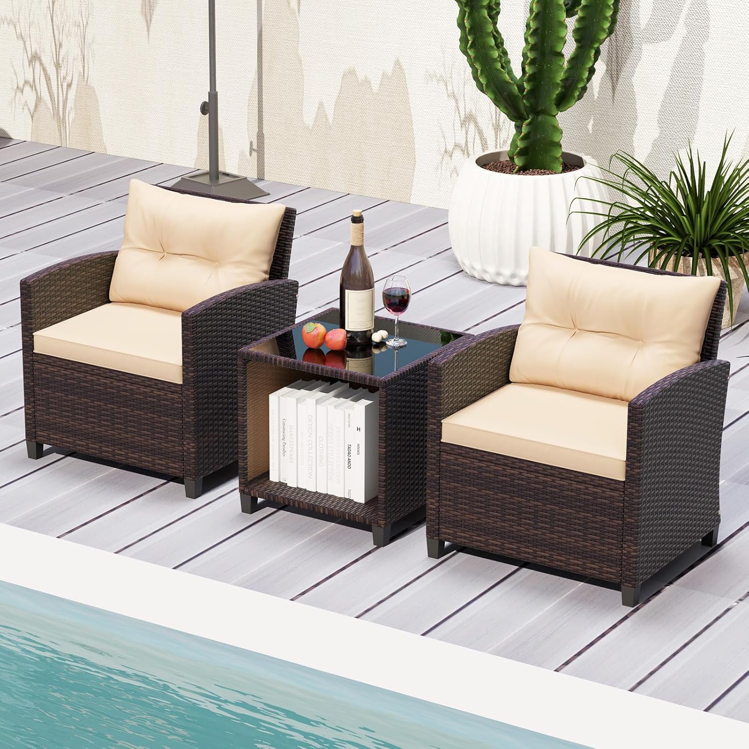 COSTWAY Gartenmöbel Set, Rattan Balkonmöbel inkl. 2 Stühle mit Sitzkissen & Tisch, Gartenlounge Outdoor, Sitzgruppe Set, 3-TLG. Terrassenmöbel Wetterfest für Balkon, Terrasse, Garten, Braun