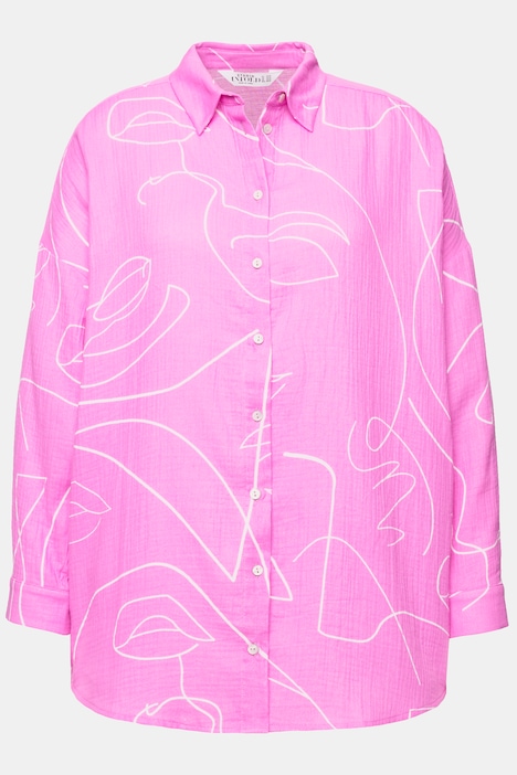 Hemdbluse, oversized, Musselin, Print, Langarm