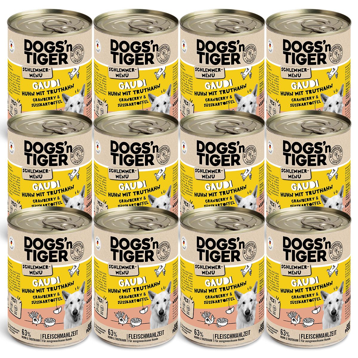 Dogs’n Tiger Adult Hundefutter, Gaudi, Nassfutter, Getreidefrei, Huhn, Truthahn & Cranberry