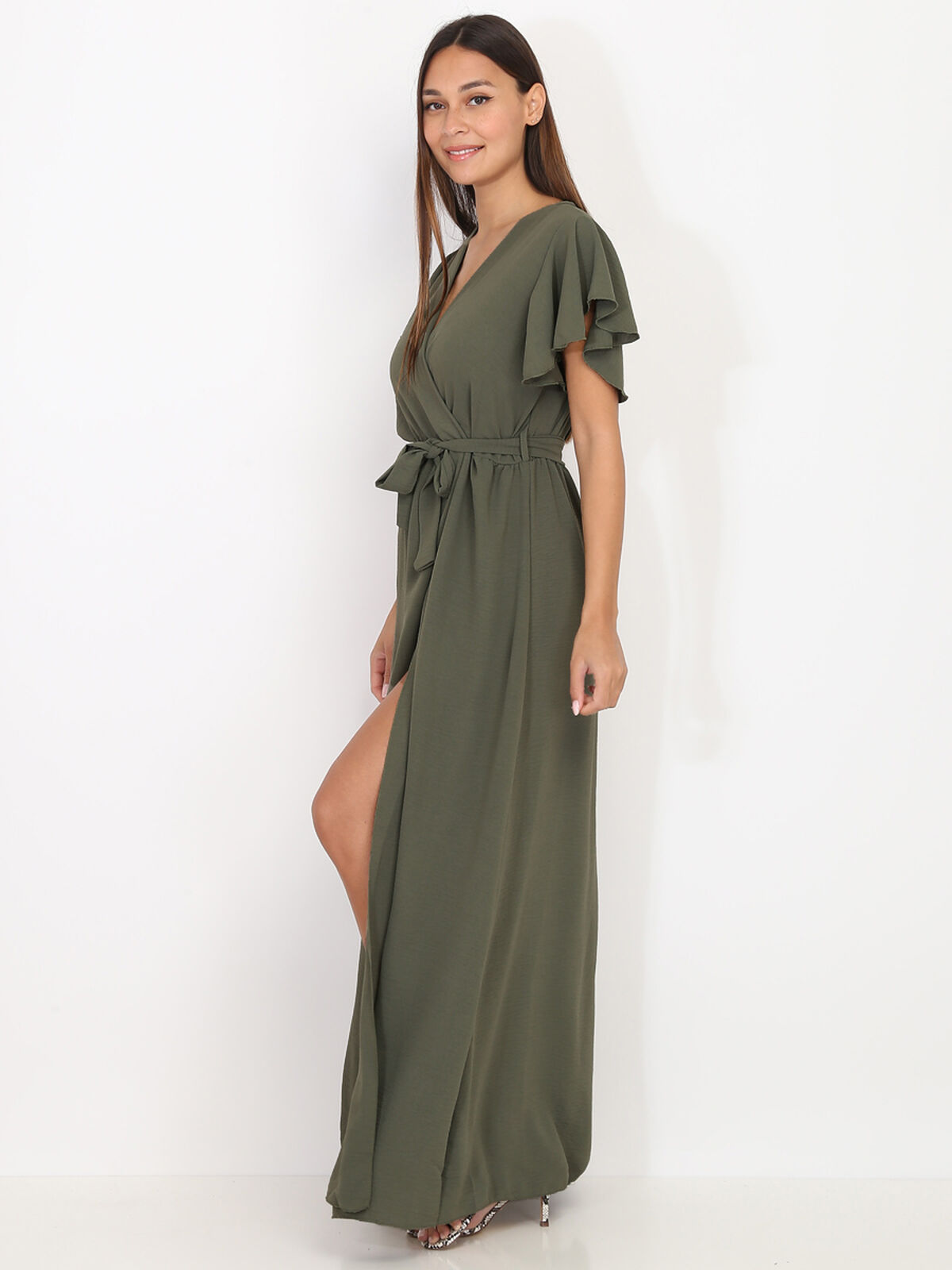 Robe longue fendue à col cache coeur- Kaki