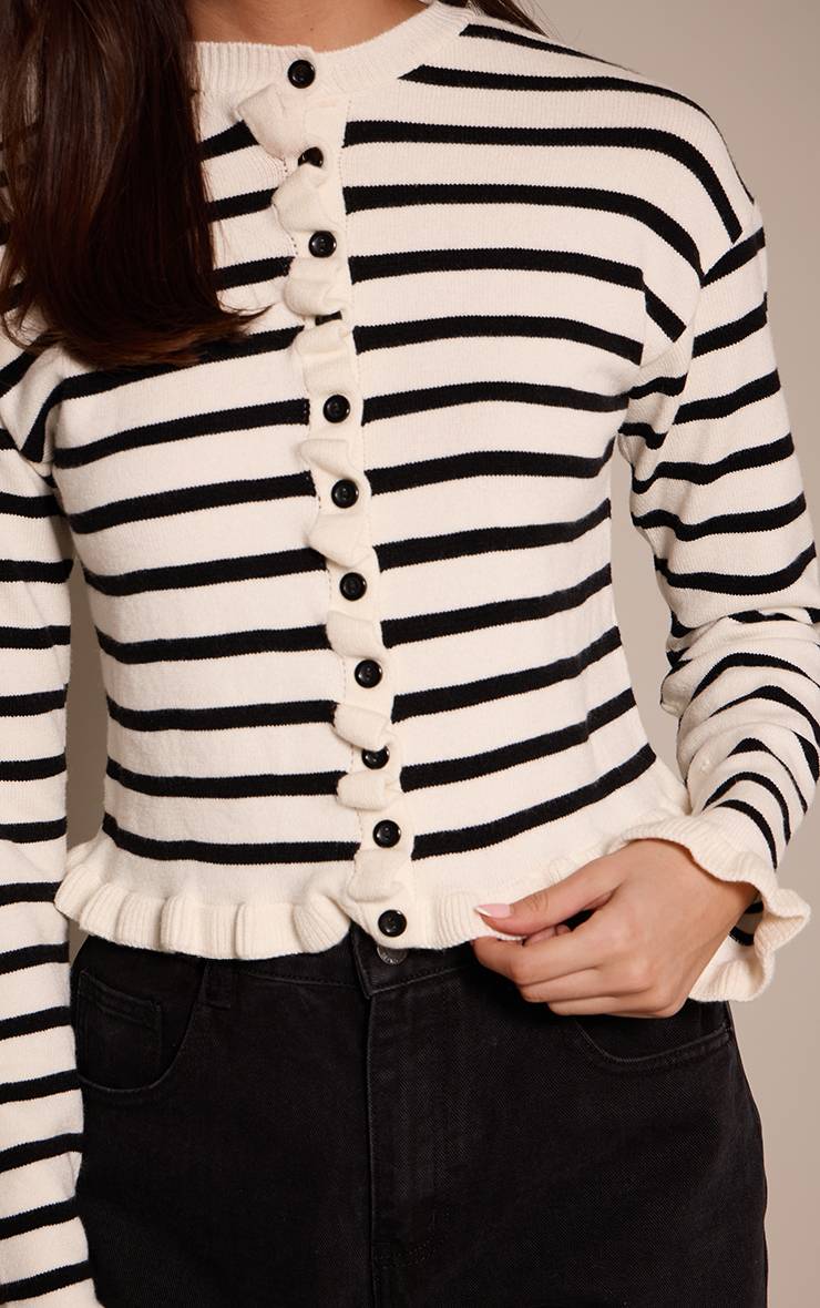 Noir Cardigan Tricoté À Rayures Avec Ourlet À Volants