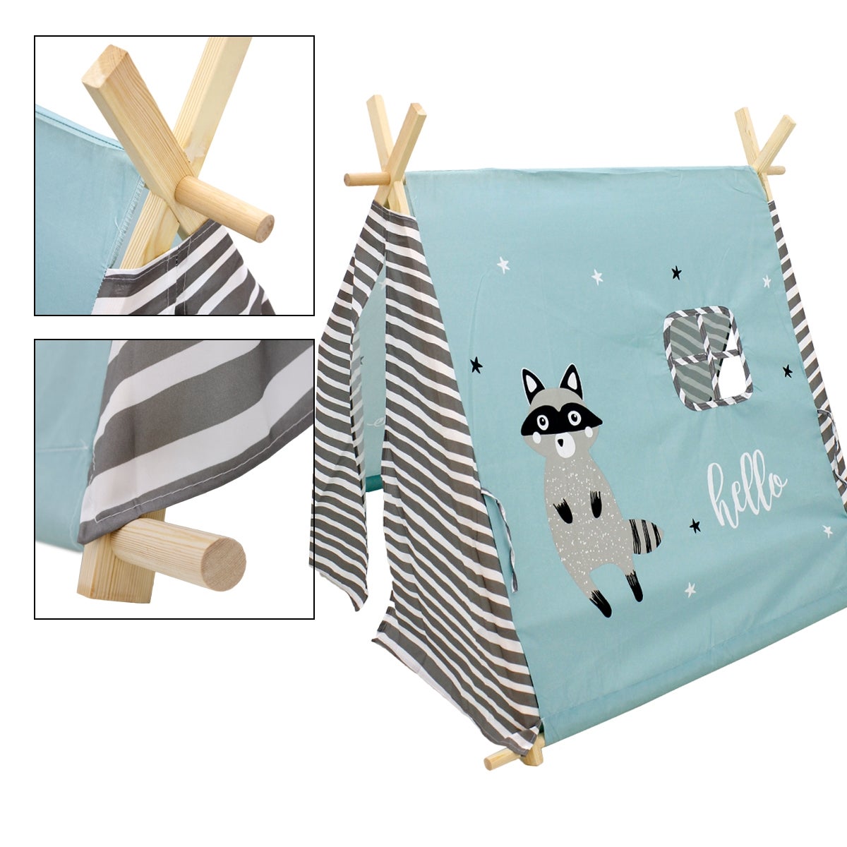 ECD Duitsland Tipi Speeltent voor Kinderen, 108x105x117cm, Turquoise Indianentent met Wasbeermotief, Binnen/Buiten, Tipi Kindertent met 2 Deuren en een Raam, Kinderkamer Speelhuisje voor Meisjes/Jongens