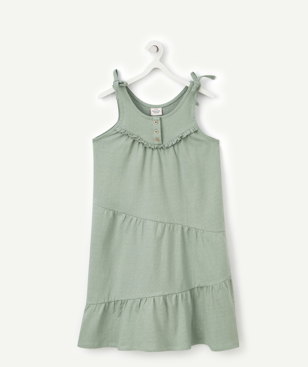 ROBE A BRETELLES FILLE VERTE EN COTON BIO AVEC VOLANTS