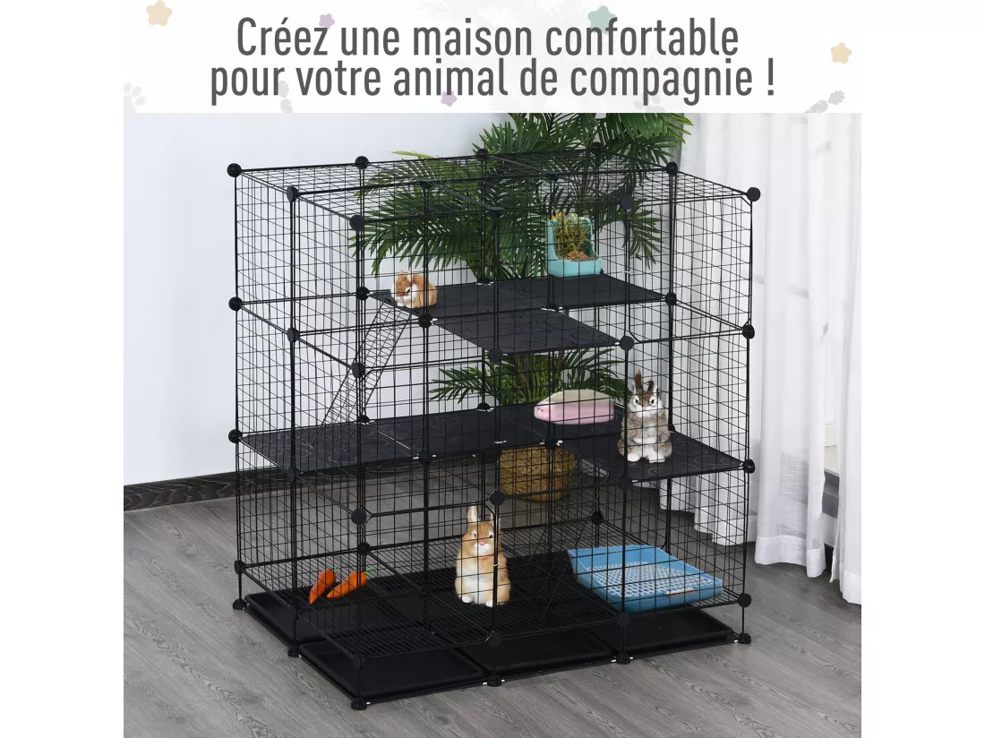 Cage parc enclos rongeurs modulable dim. L 111 x l 75 x H 119 cm 3 niveaux 4 portes fil métallique noir