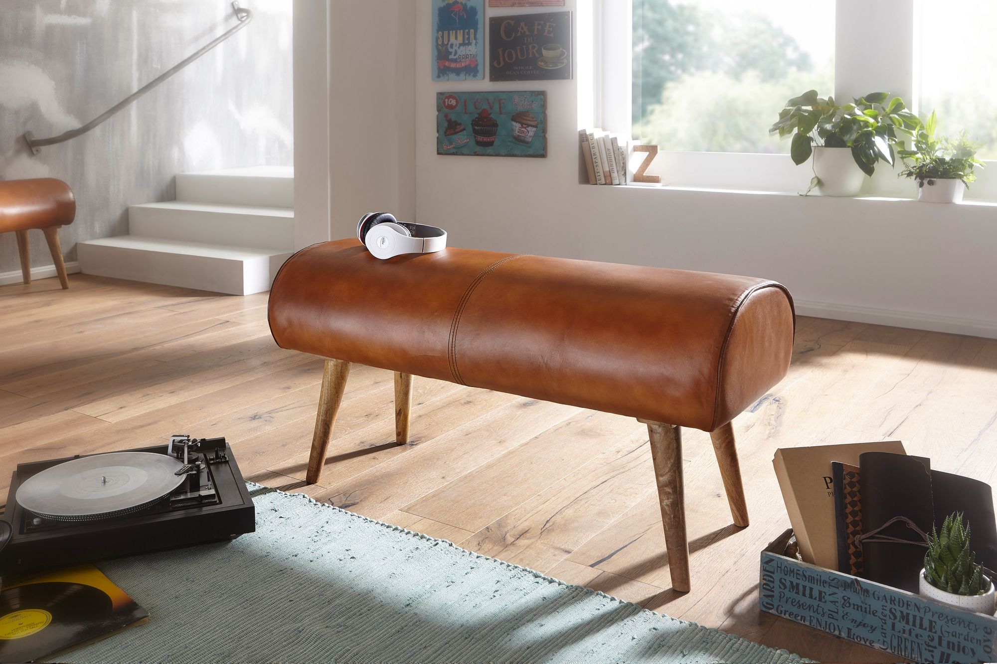 FineBuy Sitzbank Echtleder 100 cm Springbock Lederbank Flurbank Massivholz Bank