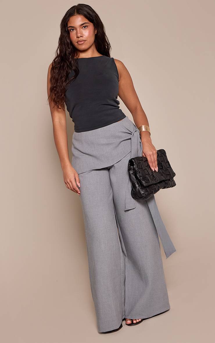 Gris Pantalon Large Taille Haute Ajusté Avec Ceinture Nouée