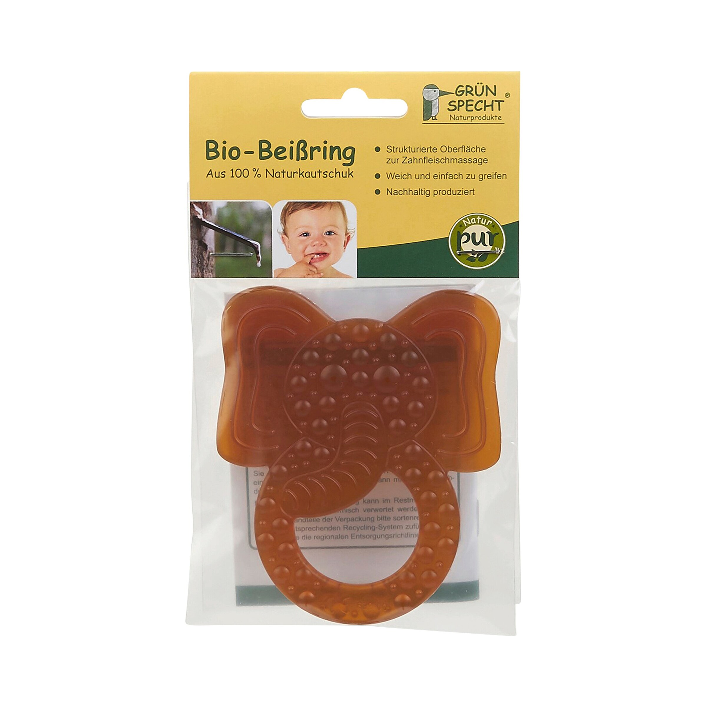 Grünspecht Bio-Beißring aus Naturkautschuk braun / Elefant