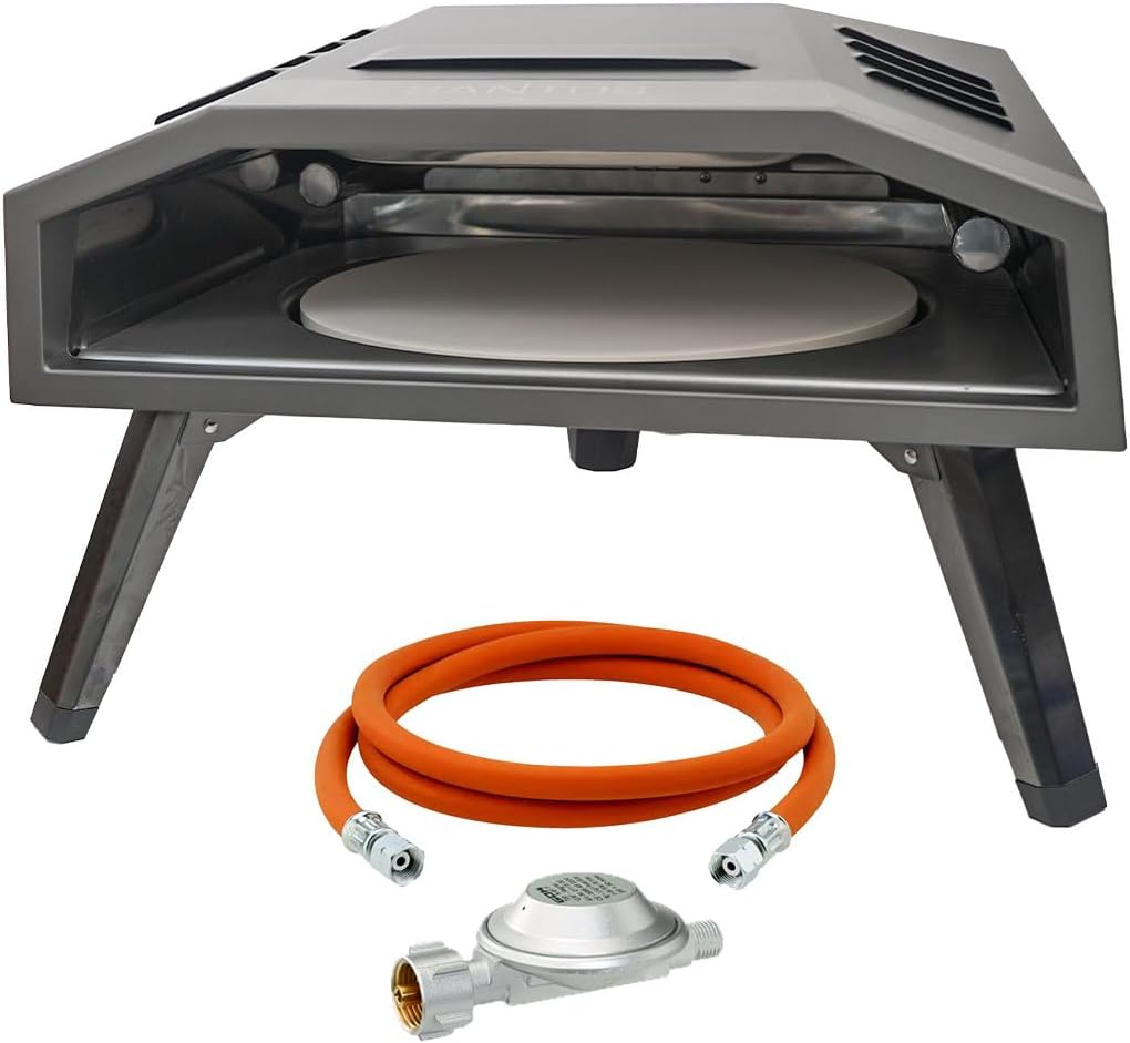 SANTOS Pizzaofen O-160 - inkl. innovativem Pizza-Drehteller & U-Brenner - Pizzastein Ø37cm- 360° Bräunung - Gas-Pizzaofen - Pizza, Flammkuchen, Pita