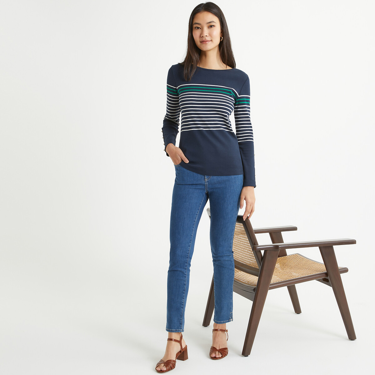 ANNE WEYBURN<br>Camiseta listrada, gola redonda, mangas compridas