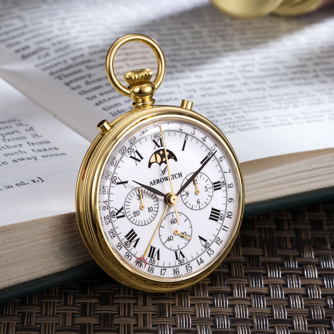 Aerowatch Taschenuhr Lépine Mechanical Chrono Moon Phase Roman
