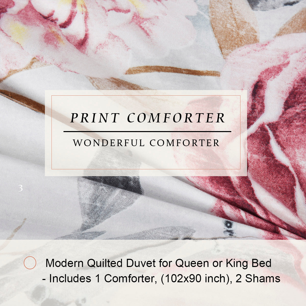 HIG 3 Piece Bohemian Floral Print Comforter Set for Queen King Bed, Pastoral Style Lightweight Duvet Set for Bedroom Decor