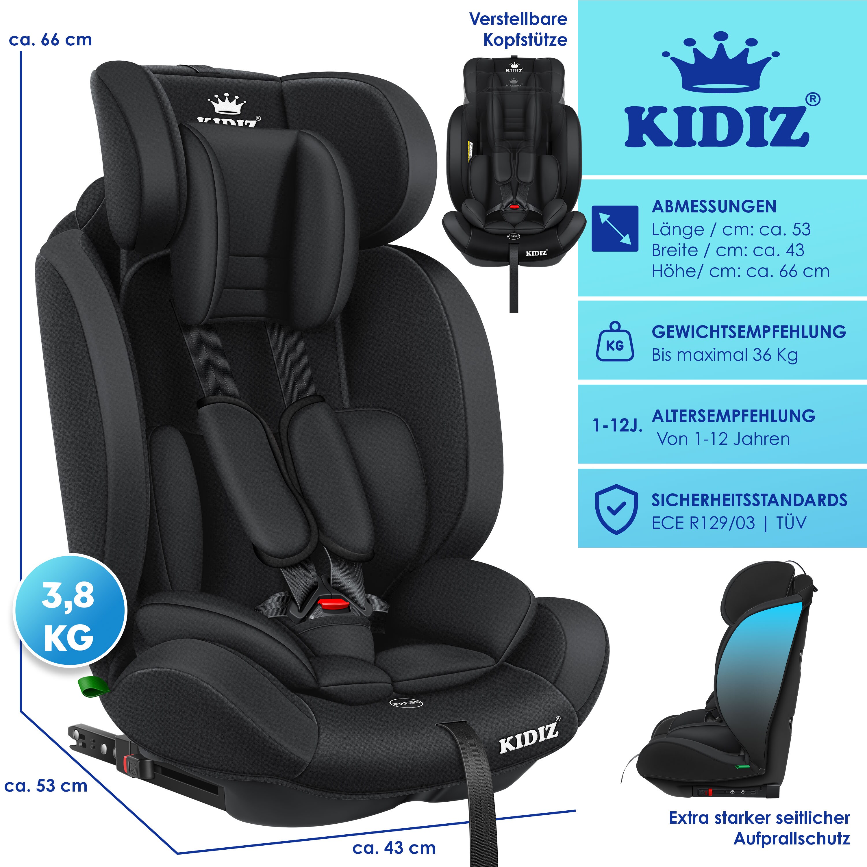 KIDIZ® Autokindersitz Premium Kinderautositz Gruppe 1+2+3, 9-36 kg 5-Punkt-Sicherheitsgurt, Autositz, Kindersitz, Einstellbare Kopfstütze, Mitwachsende Sitzerhöhung 1-12 Jahre, Stabil und Sicher