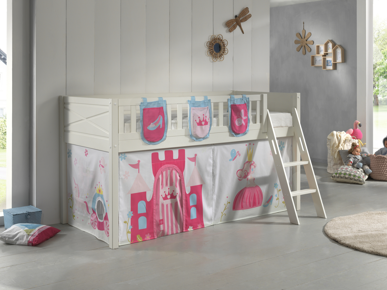 Spielbett SCOTT - weiß - Princess - mit Vorhang, Leiter und Taschen - 90x200 cm