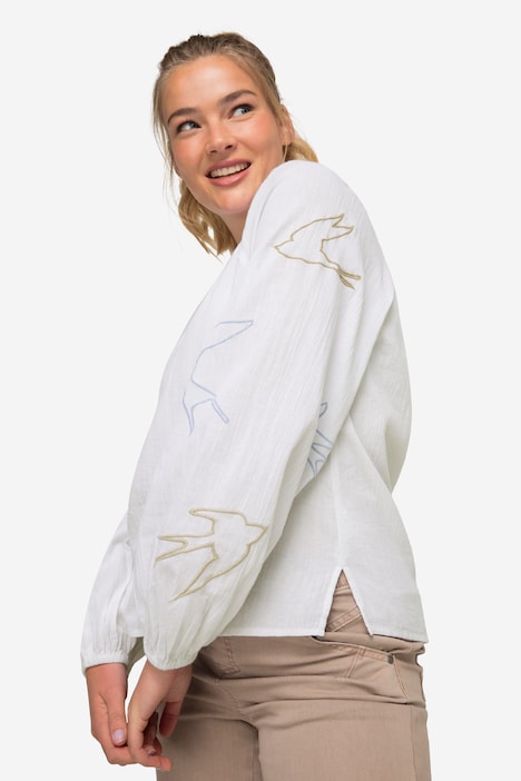 Bluse, Vogel-Stickerei, Tunika-Ausschnitt, Raglan-Langarm